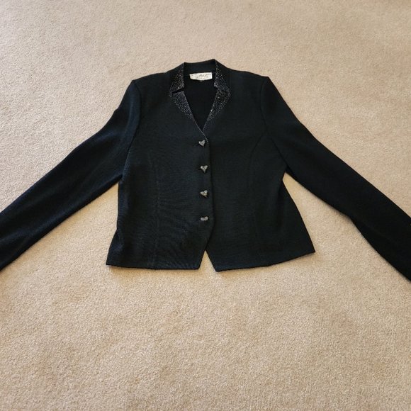 St. John Evening Maire Gray Black Princess Knit Jacket with Heart Buttons - Picture 2 of 9